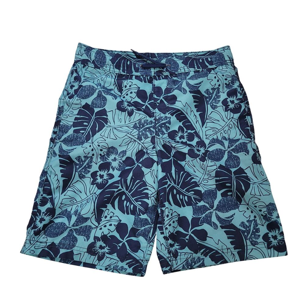 Lands End Kids Size M Boy's Swim Trunks Blue Floral Leaves Drawstring Summer
